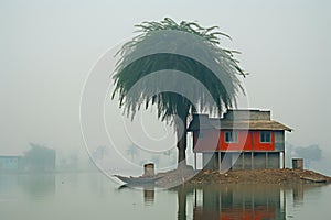 House on the lake with coconut tree in the morning fog, India