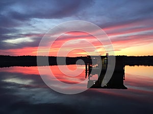 House on Lake Sunset reflection in Water