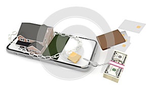 The house and lawn are locked by chain and placed on a white screen smartphone, dollars and credit cards place beside the smartpho