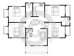 House layout plan with 4 bedrooms and 2 bathrooms with basic furniture.