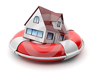 House in lifebuoy. Property insurance. Isolated