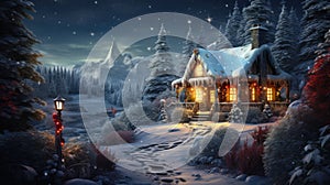 House with lights in winter forest at Christmas night, landscape of lone chalet, decorations and snow. Scenery of cottage, path