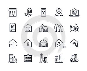 House line icons. Town houses city buildings and constructions, homepage browser interface icons. Vector real estate set