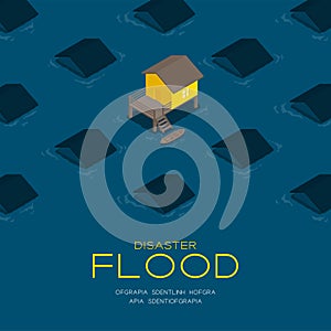 House living with boat 3d isometric pattern, Flood disaster concept poster and social banner post square design illustration