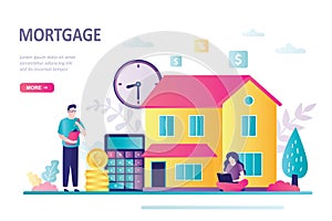House loan or money investment to real estate. Couple buying new house. Concept mortgage.Businessman calculates home mortgage rate