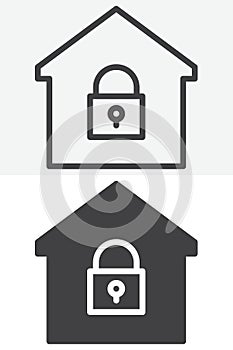 House with lock line and solid vector icon set