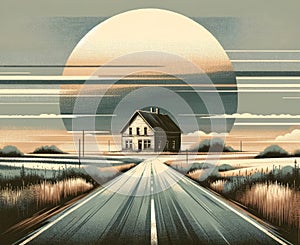 House on Lonely Country Road at Sunset