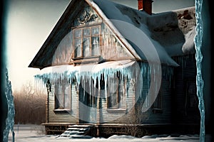 house with long icicle on house covering frozen windows