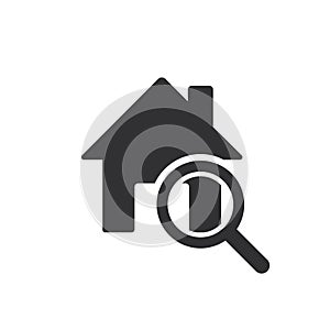 House loupe icon. Search symbol illustration. Home icon vector. Magnifier lens icon. Flat vector isolated illustration