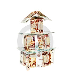 House made of banknotes with nominal five and one thousand ruble