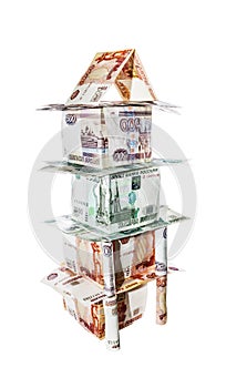 House made of banknotes with nominal five and one thousand ruble