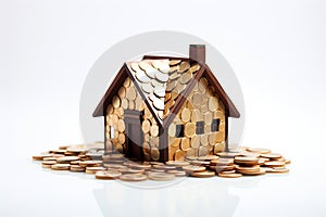 House made of golden coins on white background. Mortgage, savings for home purchase, utility bills