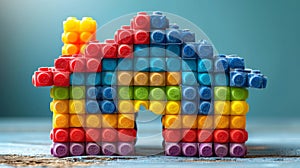 A house made of gummi candy pieces on a table, AI