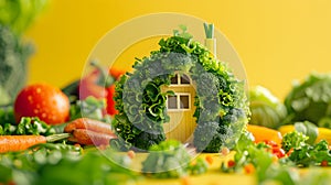 House made of made with assorted raw vegetables on yellow background. Organic food, farming, harvest