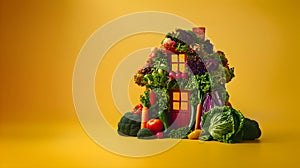 House made of made with assorted raw vegetables on yellow background. Organic food, farming, harvest