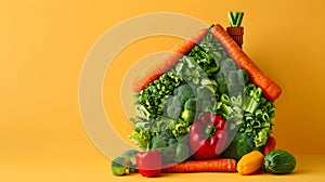 House made of made with assorted raw vegetables on yellow background. Organic food, farming, harvest