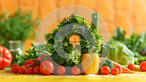 House made of made with assorted raw vegetables on yellow background. Organic food, farming, harvest