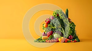 House made of made with assorted raw vegetables on yellow background. Organic food, farming, harvest