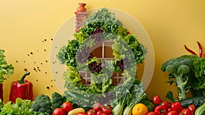 House made of made with assorted raw vegetables on yellow background. Organic food, farming, harvest