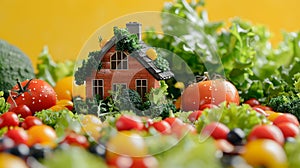 House made of made with assorted raw vegetables on yellow background. Organic food, farming, harvest