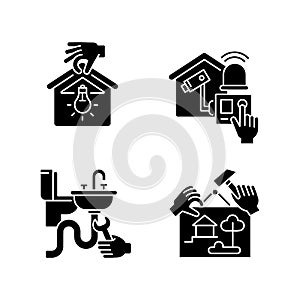 House maintenance black glyph icons set on white space