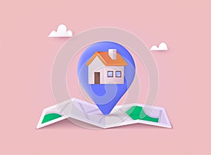 House on a map. Render house for real estate, mortgage, loan concept and homepage. 3D Web Vector Illustrations
