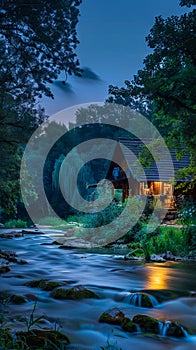 A house in the middle of a forest next to a river