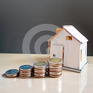 House model and coin holder money on the table for finance and banking concepts. Property investment mortgage and home