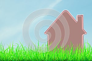 House model in green grass against blue sky background. Green house concept