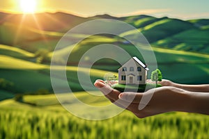 House model on hands in green fields