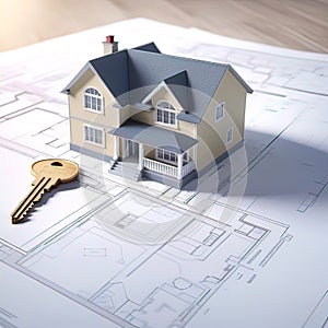 the house model and the house key are on the building plan, the construction plan is a turnkey house,