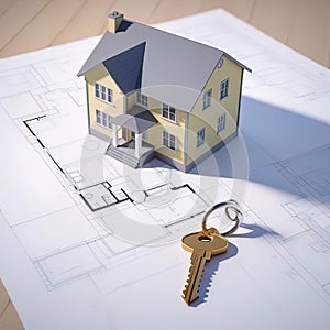 the house model and the house key are on the building plan, the construction plan is a turnkey house,