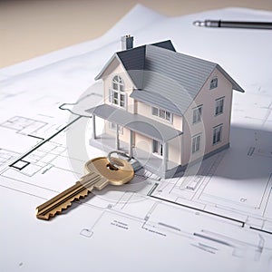 the house model and the house key are on the building plan, the construction plan is a turnkey house,