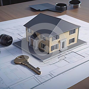 the house model and the house key are on the building plan, the construction plan is a turnkey house,