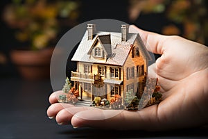 House model and key in insurance broker\'s hand, symbolizing home insurance
