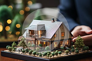 House model and key in insurance broker\'s hand, symbolizing home insurance