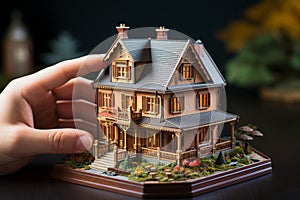 House model and key in insurance broker\'s hand, symbolizing home insurance