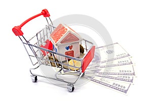 House model in mini shopping cart with stack of coins money on white blackground