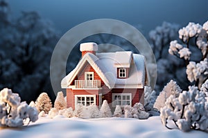 House model in a snowy setting, emphasizing winter heating concept photo