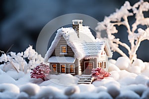 House model in a snowy setting, emphasizing winter heating concept photo