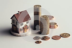 House model and stack of coins. Concept of Investment property, risk and uncertainty in the real estate housing market