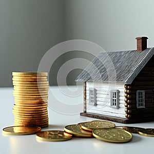 House model and stack of coins. Concept of Investment property, risk and uncertainty in real estate market. Generative