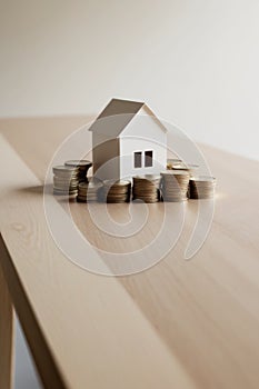 House Model and Stacks of Coins on Wooden Table.