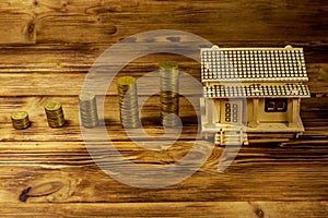 House model and stacks of golden coins on wooden background. Property investment, home loan, house mortgage, real estate concept