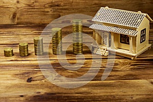 House model and stacks of golden coins on wooden background. Property investment, home loan, house mortgage, real estate concept