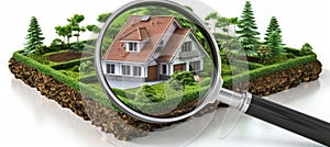 House model under magnifying glass symbolizes exploration and discovery in real estate