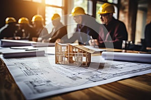 House models sit on top of several different architects drawings and floor plan