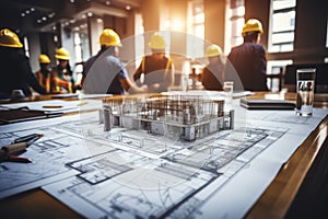 House models sit on top of several different architects drawings and floor plan