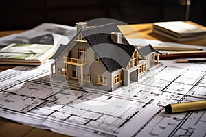 House models sit on top of several different architects drawings and floor plan