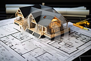 House models sit on top of several different architects drawings and floor plan